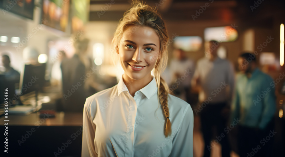 Portrait of a young woman in white. indoor photo. in cafe,Coffee shop staff working Portrait of a young woman in white. indoor photo. in cafe,Coffee shop staff working