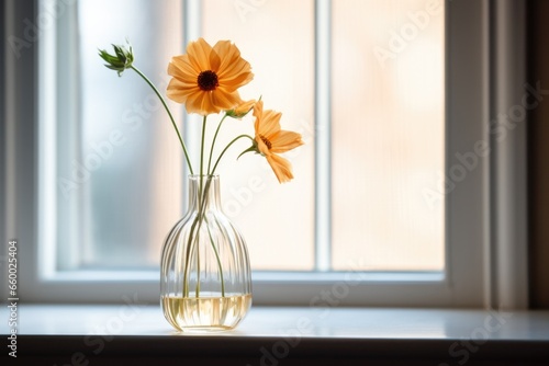 single flower in a vase by a window