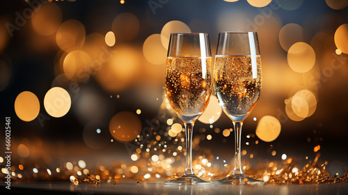 A shot of a sparkling crystal champagne flute, effervescent bubbles rising against a celebratory background