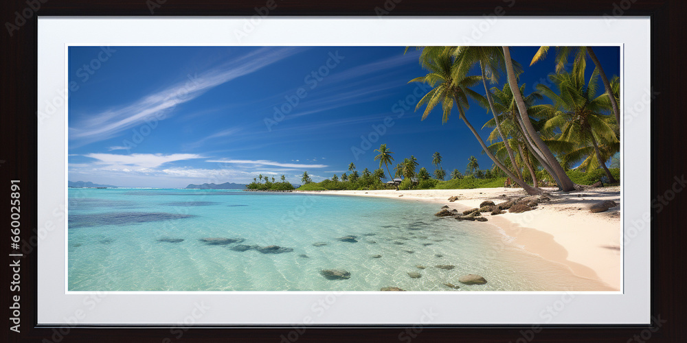 Idyllic Paradise: Panoramic View of a Tropical Island Beach with Palm Trees and Crystal-Clear Water, Inviting Serenity and Escape