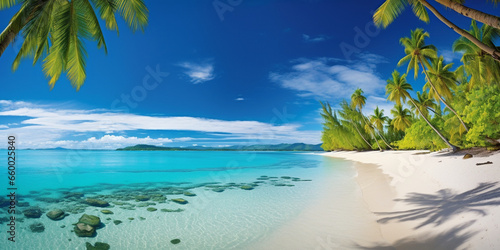 Idyllic Paradise  Panoramic View of a Tropical Island Beach with Palm Trees and Crystal-Clear Water  Inviting Serenity and Escape