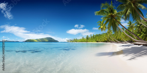 Idyllic Paradise  Panoramic View of a Tropical Island Beach with Palm Trees and Crystal-Clear Water  Inviting Serenity and Escape