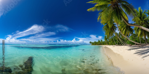 Idyllic Paradise  Panoramic View of a Tropical Island Beach with Palm Trees and Crystal-Clear Water  Inviting Serenity and Escape