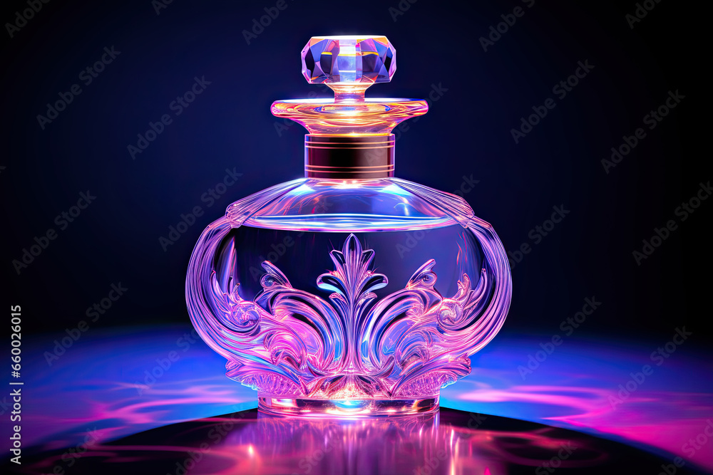 Close up of a perfume bottle, classic beauty, neon colours, fashion Close up of a perfume bottle, classic beauty, neon colours, fashion