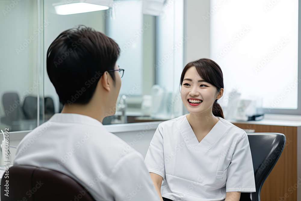 Fototapeta premium Korean Woman talk to dentist in dental clinic