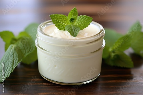 cream jar with a mint leaf on top