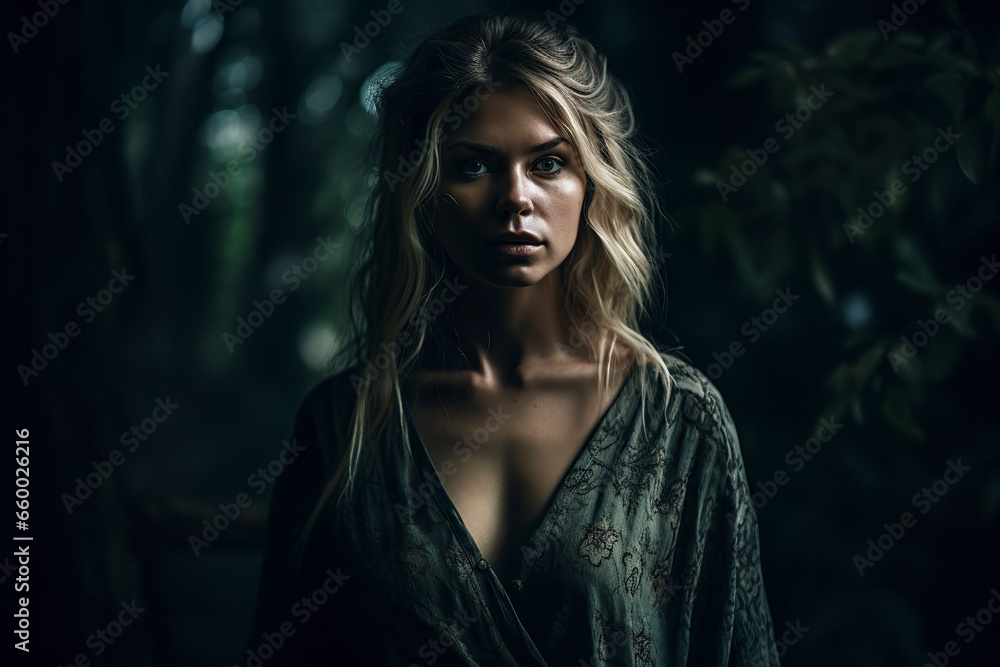 A Beautiful Blonde Woman Lost and Worried in the Mysterious Twilight Forest, ai generative