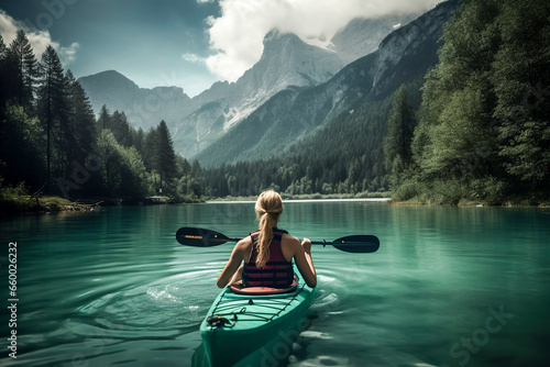 Blonde Adventurer: A Young Woman Explores the Serene Mountain Lake by Kayaking Amidst Lush Forest Scenery, ai generatice