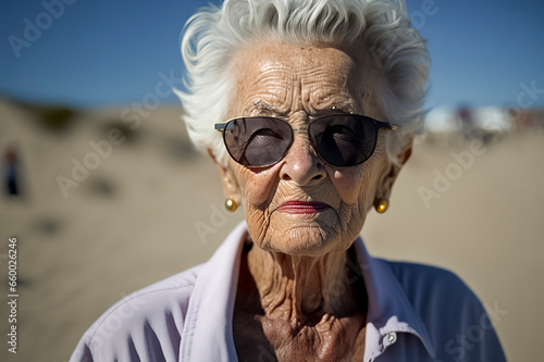 Golden Years Serenity: A White-Haired Grandmother Strolls Along the Seaside, Embracing Coastal Tranquility, ai generative