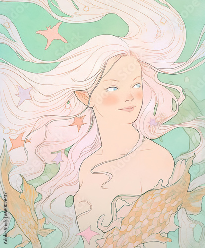 Mermaid Children's Illustration in Pink and Mild Colors,Whimsical Whispers: A Mermaid's Tale in Pastel,illustration of an background