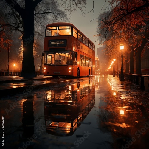 Flooded city double decker bus on flooded city photo