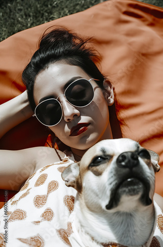 Sunny Day in the Park: Brunette Woman with Sunglasses Relaxing with Her Dog, ai generative © larrui