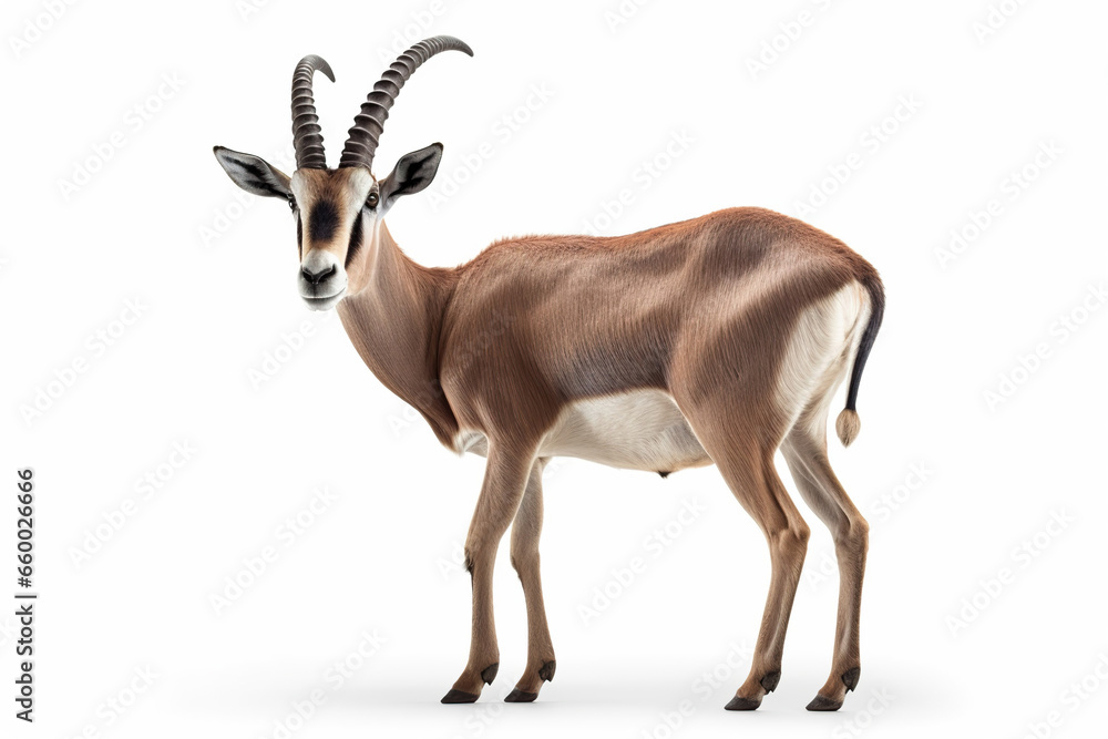antelope isolated on white background,Graceful Solitude: A Gazelle's Portrait in Monochrome