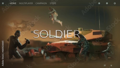 Animation of the main menu in the newest military battle video game. Choosing the female trooper in the menu of the online multiplayer video game. Selecting the hero in the video game menu interface. photo