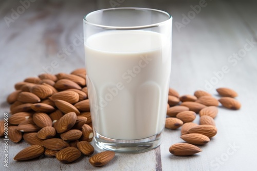 glass of almond milk surrounded by almonds