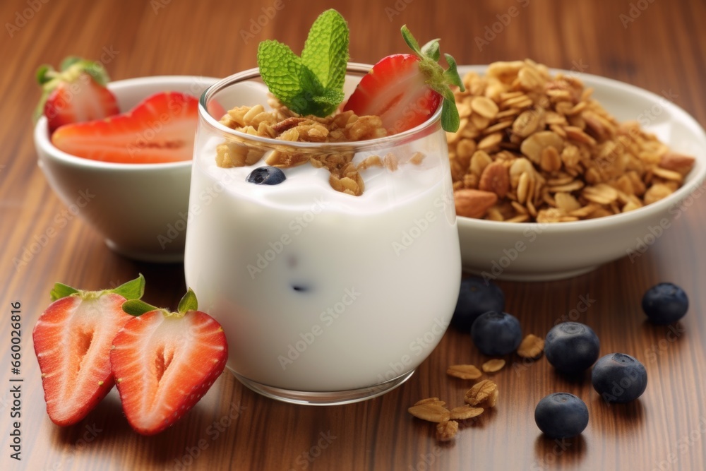 close-up of a healthy breakfast option: granola, yogurt, and fruit close-up of a healthy breakfast option: granola, yogurt, and fruit