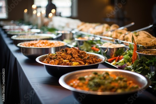 a long table with diverse options of hot meals