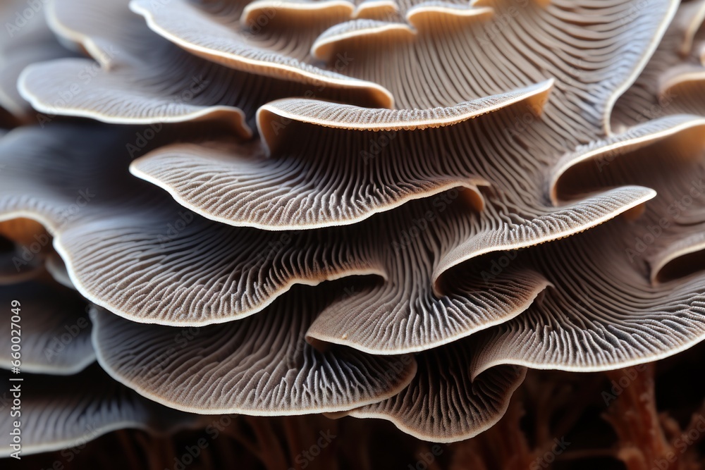 closeup of portabella mushroom gills - obrazy, fototapety, plakaty 