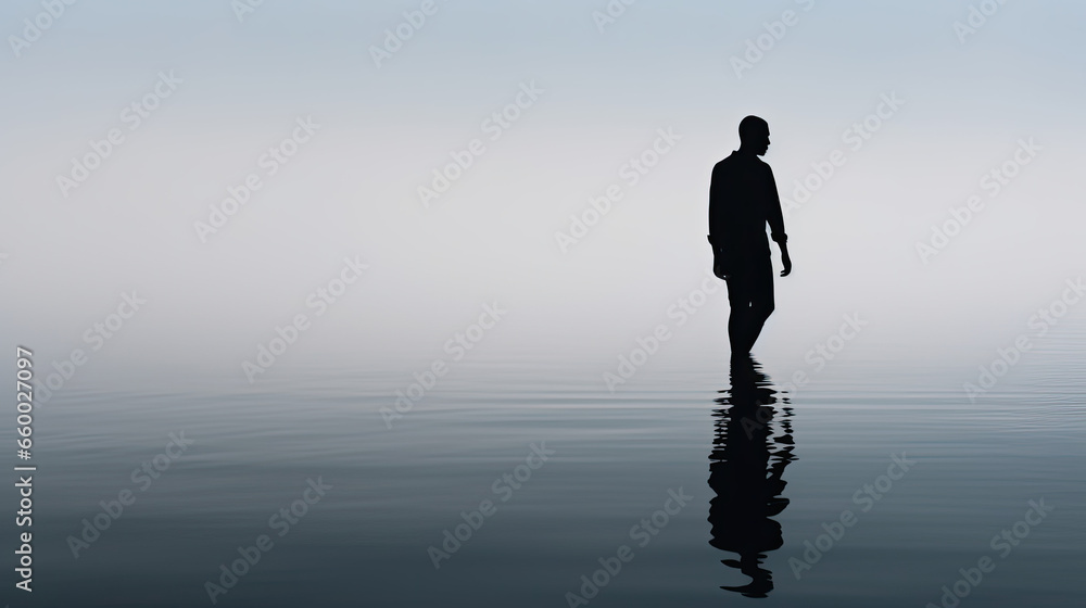 Lonely and lost man standing in Enigmatic Dream Landscape, silhouette of a person walking in calm water reflection, loneliness concept in minimalist banner, monochrome ambiance without horizon