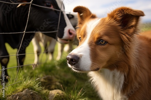 close-up shot of an icelandic dog looking at a cow behind the fence