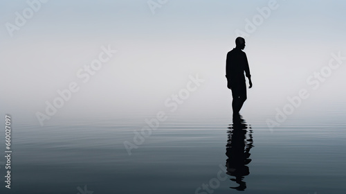 Lonely and lost man standing in Enigmatic Dream Landscape, silhouette of a person walking in calm water reflection, loneliness concept in minimalist banner, monochrome ambiance without horizon photo