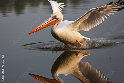 dalmatian pelican,   pelecanus crispus,landing on kerkini lake photo