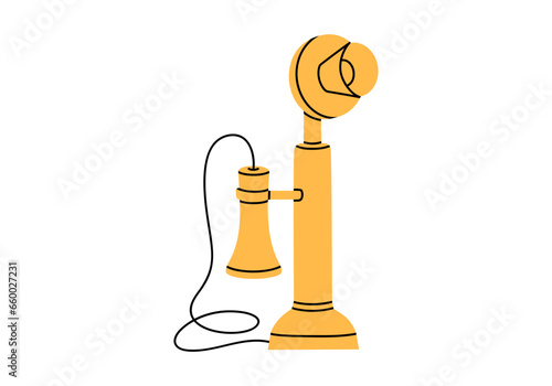 Hand drawn cute cartoon illustration of antique wired landline phone. Flat vector old candlestick telephone sticker in simple colored doodle style. Vintage call device icon or print. Isolated on white