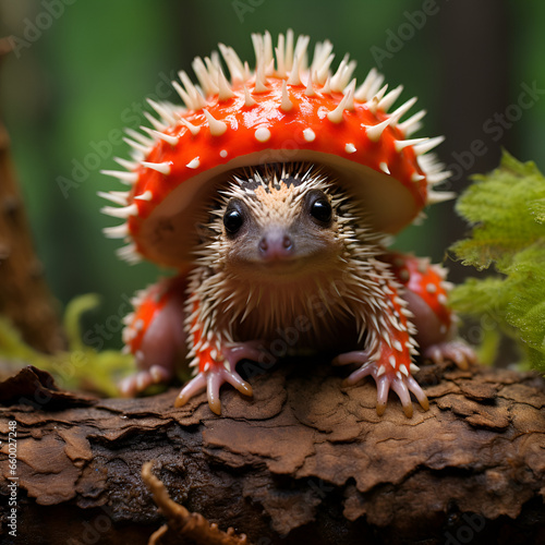 Picture of a cute mushroom hedgehog that looks like a frog with a mushroom back in a lush forest. Generative AI