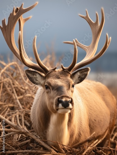 domestic reindeer with large antlers, hay in background