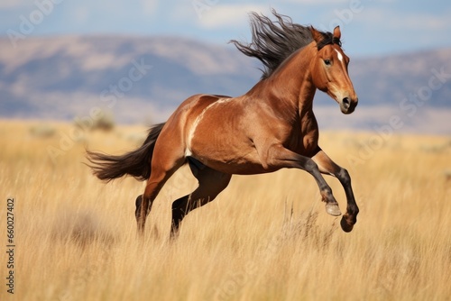 wild horse kicking backwards in open grassland