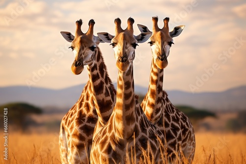 four giraffes briefly come together on the plains of the masai mara, .
