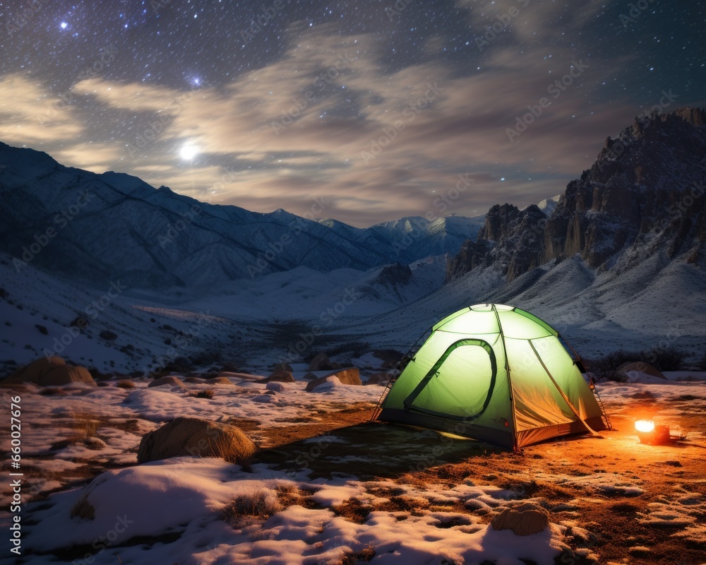 illuminated tent on mount whitney at night, eastern sierras, california, usa