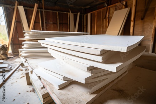 stack of gypsum boards in a home renovation site