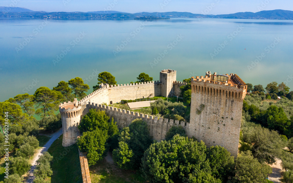 Aerial view on Fortress of the Lion in historical center of Castiglione del Lago, in Umbria, Italy. The castle is now used for events and is located on Lake Trasimeno in the province of Perugia.