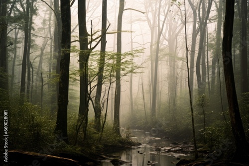 peaceful woods of smoky mountain in early morning fog