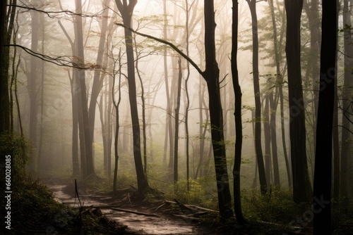 peaceful woods of smoky mountain in early morning fog