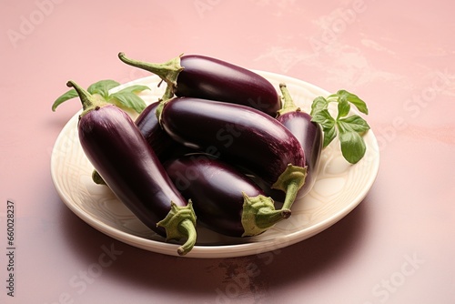 plate with fresh eggplants on beige background