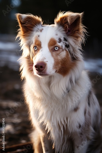 red merle border collie on ranch,