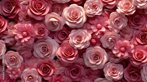 romantic flowers arranged to create a pink wall. bright, colorful background formed from elegant roses.