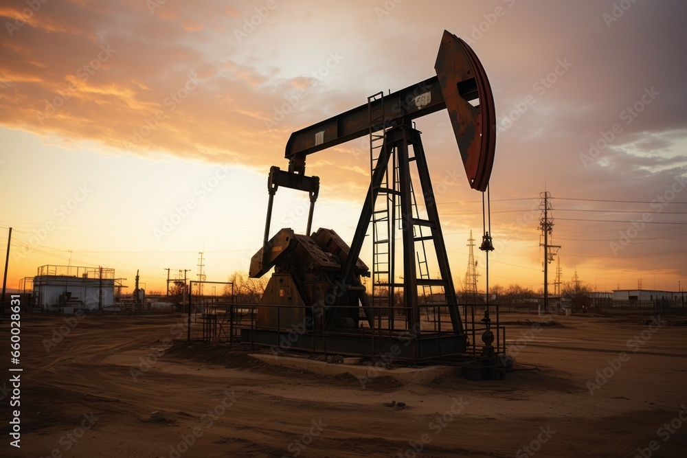 silhouette of pump jack in oil field at sunset