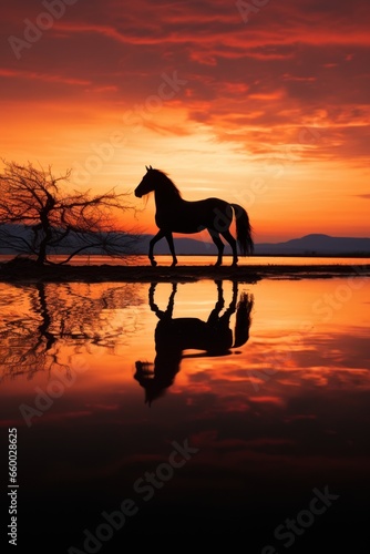 silhouette of horse on lake shore
