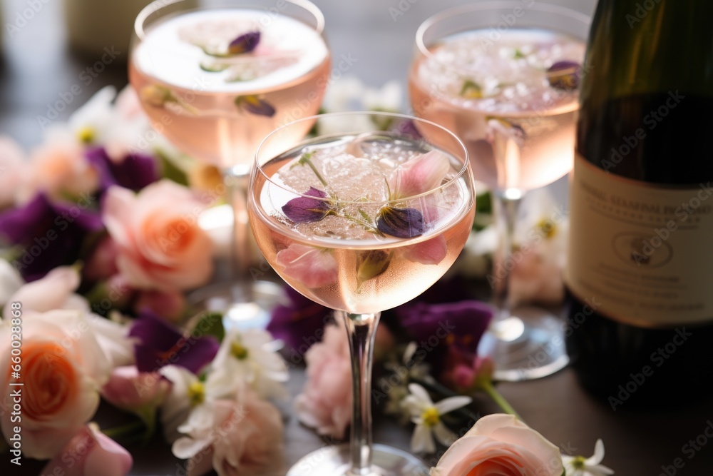 sparkling rose wine with edible flower garnish