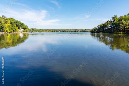 Looking onto a Wisconsin lake on an early October morning.