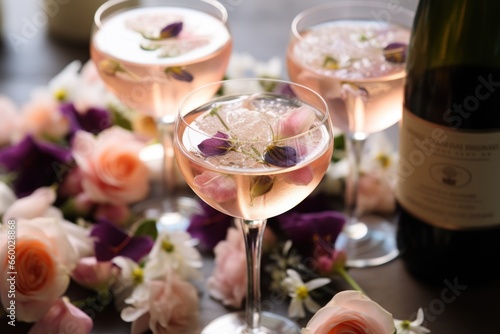 sparkling rose wine with edible flower garnish