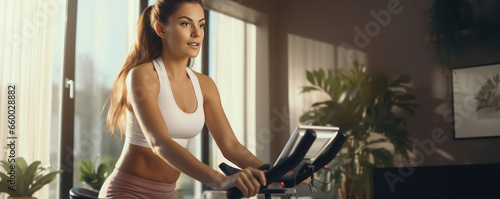 Cropped picture of a young Caucasian blonde woman during a workout on a home exercise bike. Keep yourself in shape with electronic results tracking. Smart fitness at any age.