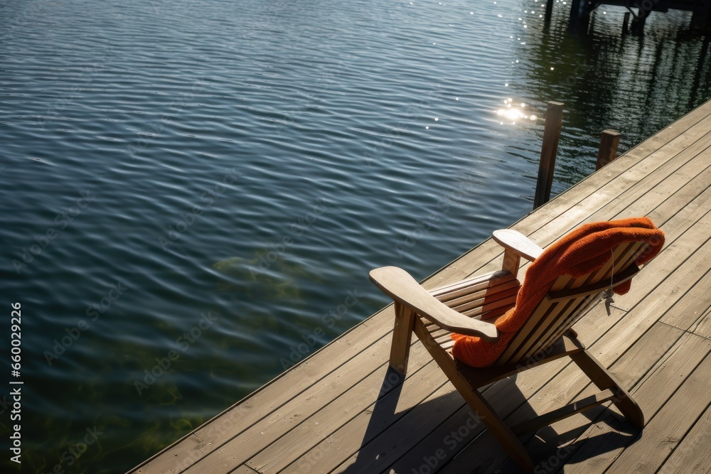 united states, new york state, lake placid, overhead view of adirondack chair book and blanket on wooden pier united states, new york state, lake placid, overhead view of adirondack chair book and blanket on wooden pier