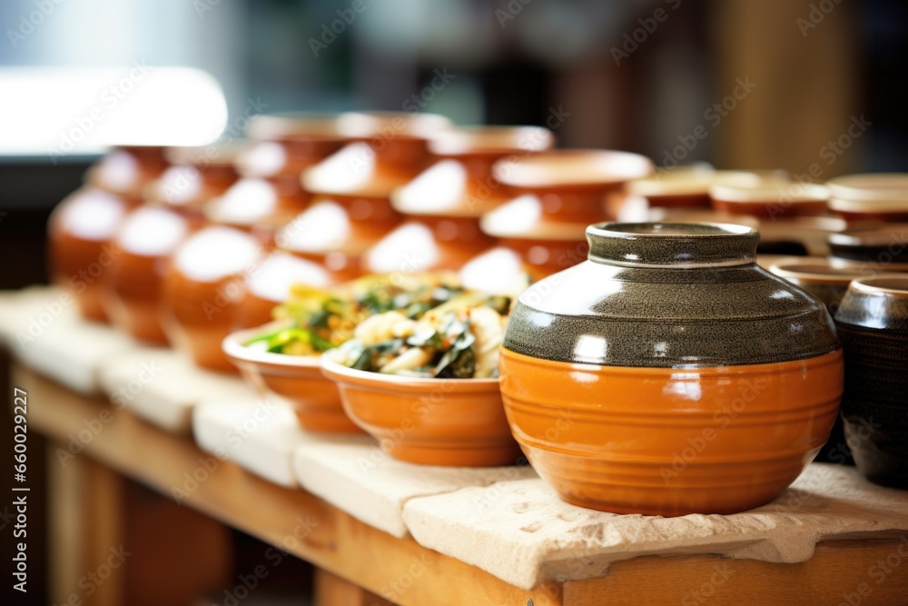a korean kimchi jar amid traditional earthenware pots a korean kimchi jar amid traditional earthenware pots