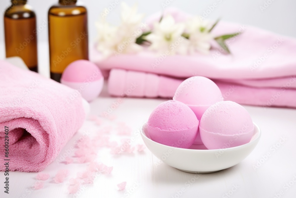 pink bath bombs beside white towels and essential oils pink bath bombs beside white towels and essential oils