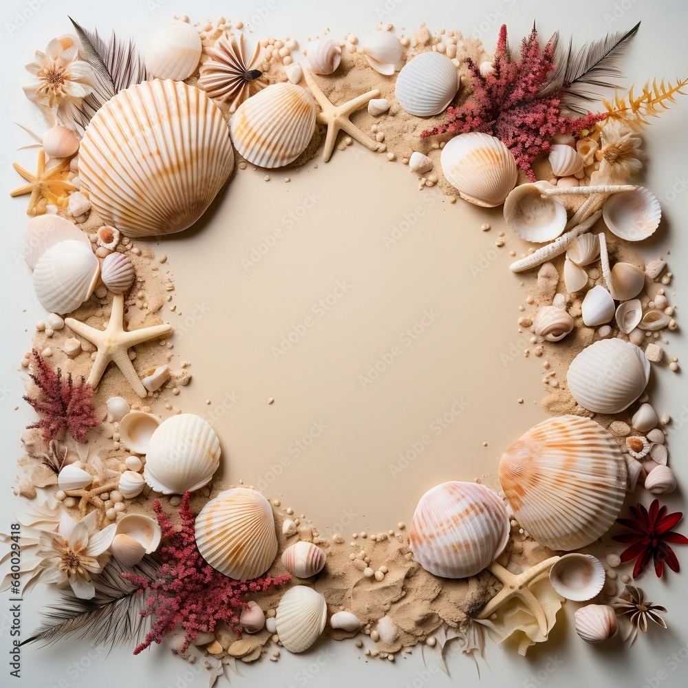 Frame with sea shells on a white background