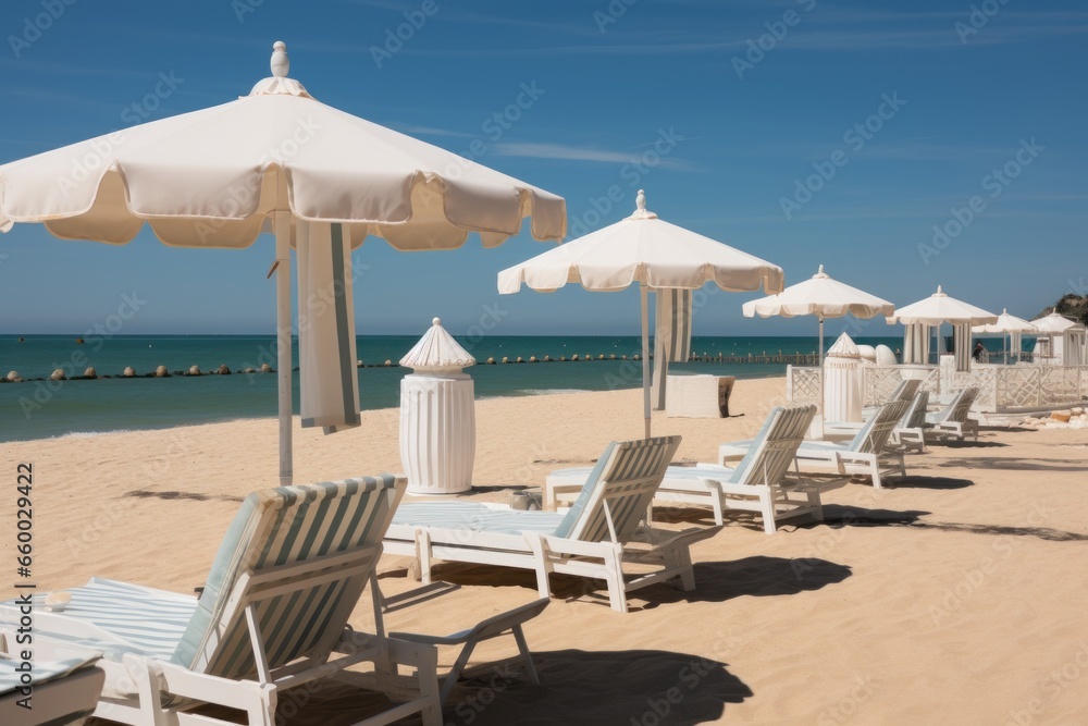 white umbrellas and empty loungers on sandy beach.
